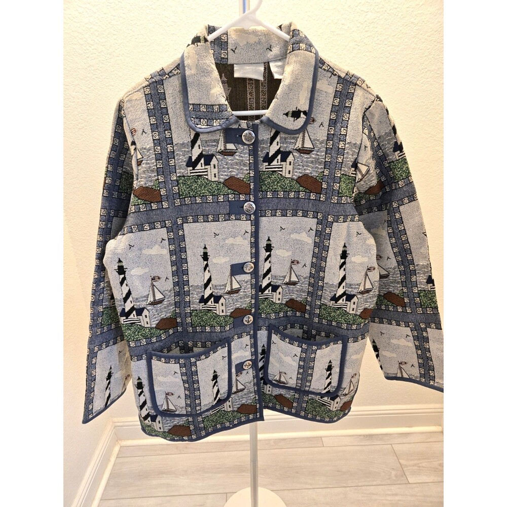 Blair Tapestry Vintage Jacket Large Blue Lighthouse Nautical Woven Button Up
